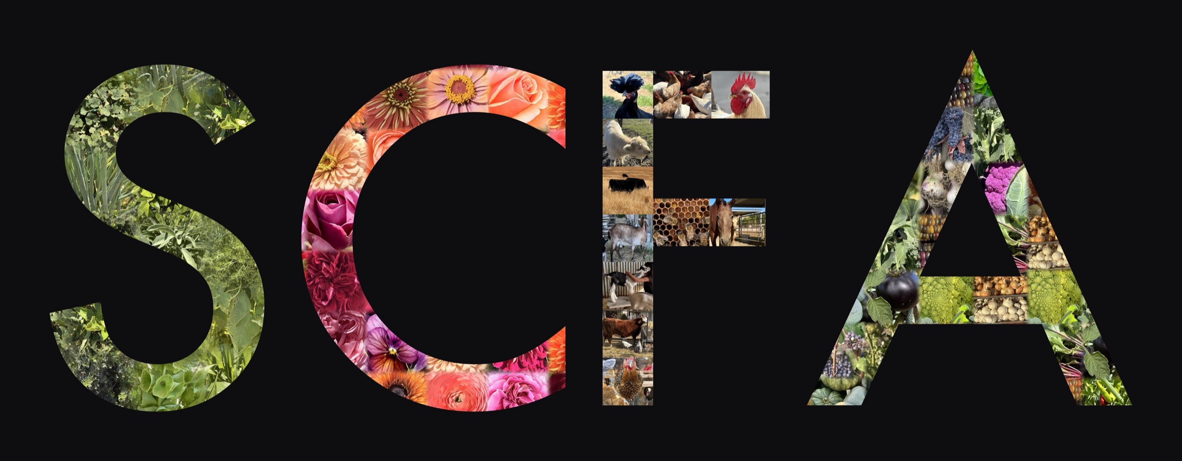 SCFA — the letters S, C, F, and A filled with photos of plants, flowers, farm animals, and produce